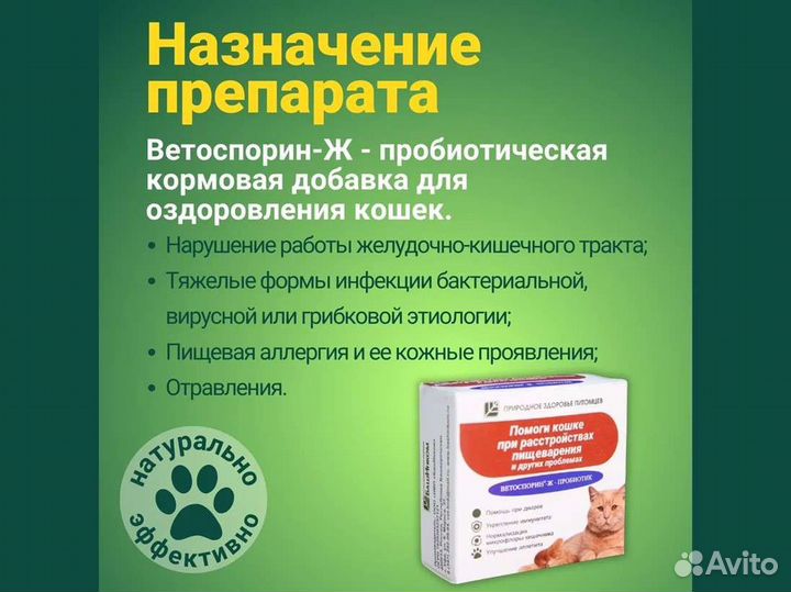 Кормовая добавка пробиотики Ветоспорин ж Помоги кошке при расстройствах пищеварения и других проблем