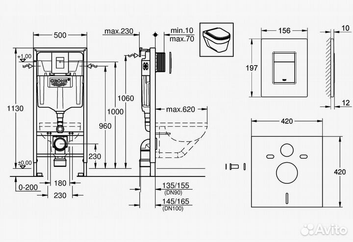 Унитаз и инсталляция grohe с кнопкой золото