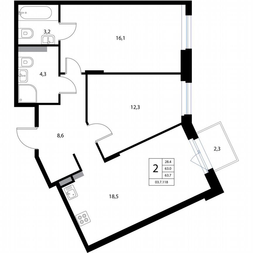 3-к. квартира, 63,7 м², 2/3 эт.