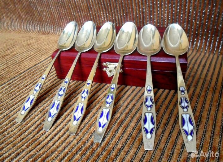 Набор чайных ложек с эмалью, серебро 875 пр. СССР