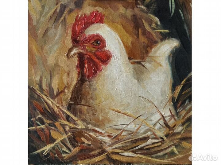 Картина Курочка на сене маслом на холсте