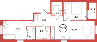 2-к. квартира, 65,2 м², 2/12 эт.