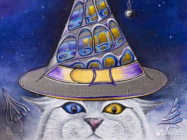 Картина кот в шляпе акрилом ручной работы 