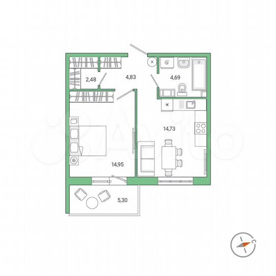 1-к. квартира, 43,3 м², 7/9 эт.