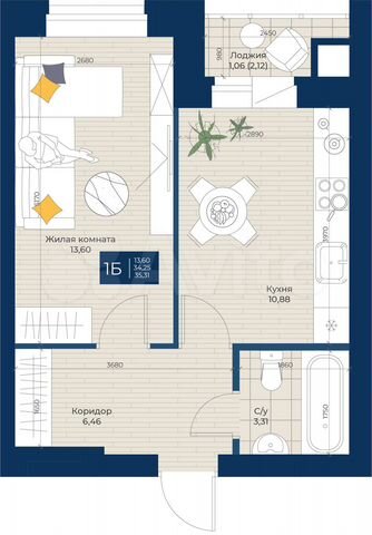 1-к. квартира, 35,3 м², 1/5 эт.