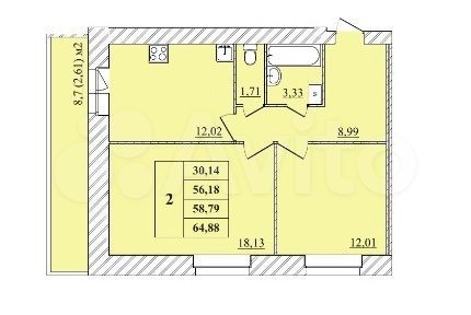2-к. квартира, 64,9 м², 6/10 эт.