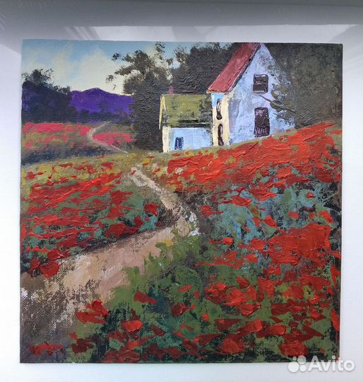 Картина на холсте маковое поле дом на холме