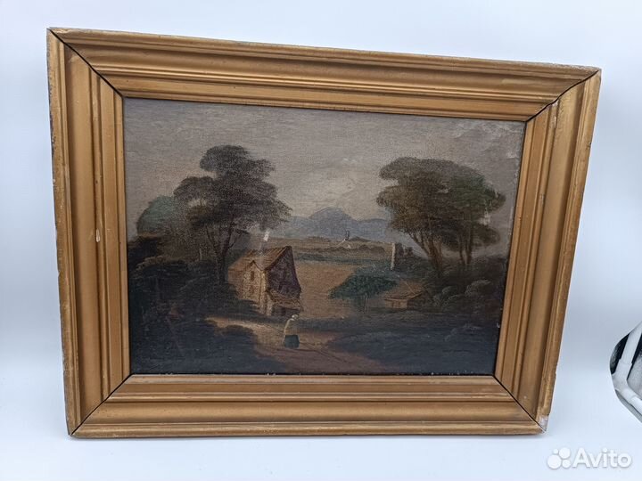 Картина антикварная холст масло Сельская жизнь Ра