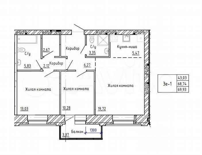 3-к. квартира, 69,9 м², 11/15 эт.