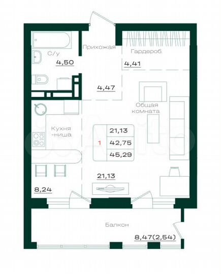 1-к. квартира, 45,3 м², 3/13 эт.
