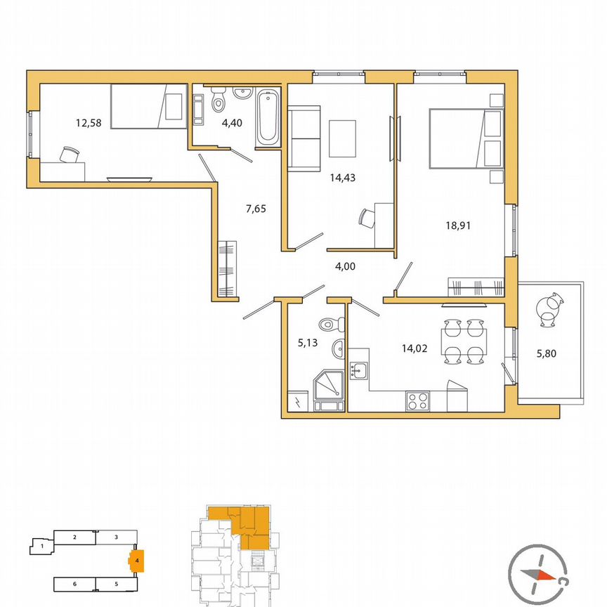 3-к. квартира, 84 м², 2/5 эт.