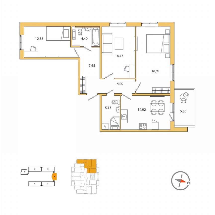 3-к. квартира, 84 м², 2/5 эт.