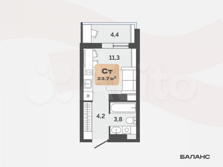 Квартира-студия, 21,5 м², 7/17 эт.