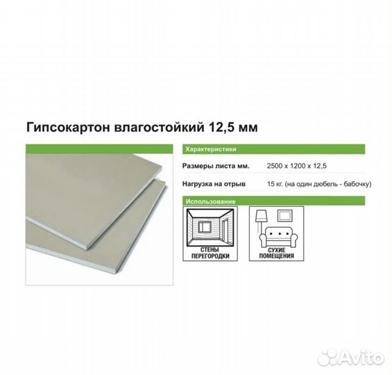Гипсокартон влагостойкий 12.5