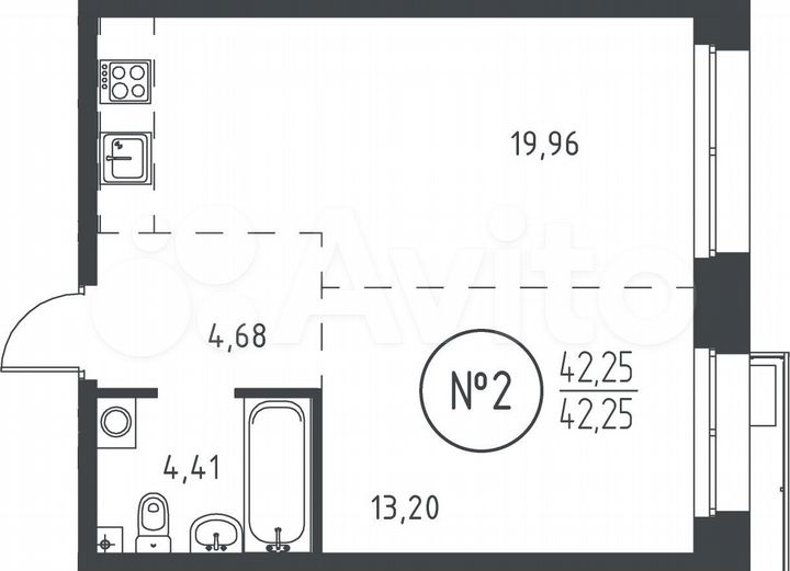 1-к. квартира, 42,3 м², 2/19 эт.