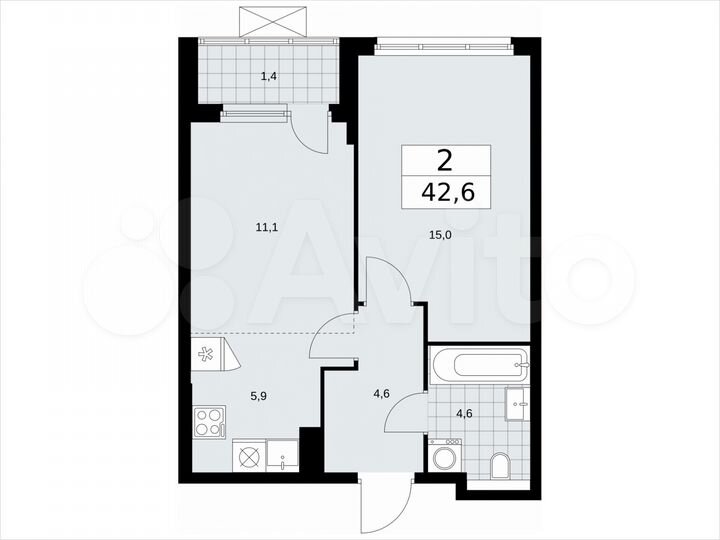 2-к. квартира, 42,6 м², 18/19 эт.