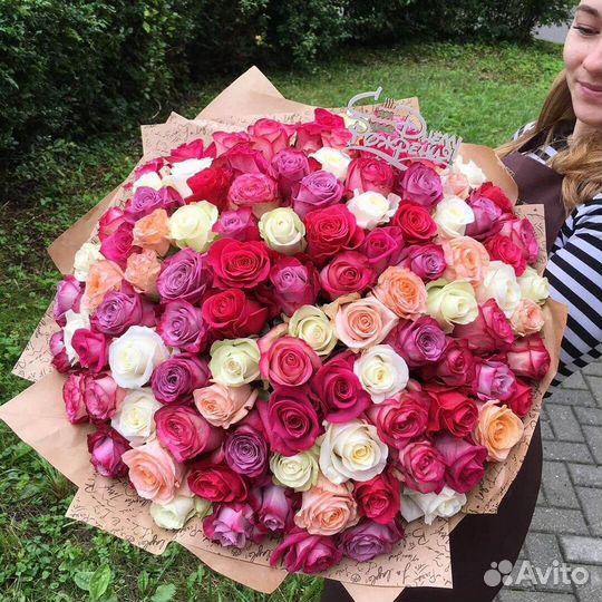 Букет разноцветных роз, Эквадор, 40см 51 шт