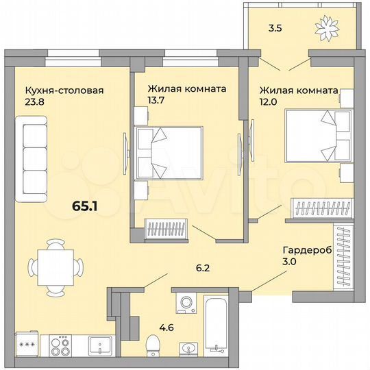 2-к. квартира, 65,1 м², 12/15 эт.