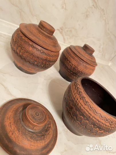 Горшок духовой Дымлёный резной с крышкой 3, ухват