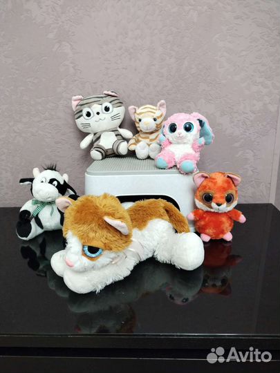 Мягкие игрушки кот, собака, мишка, лось