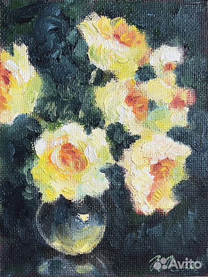 Картина маслом с цветами, желтые розы, 15/20 см