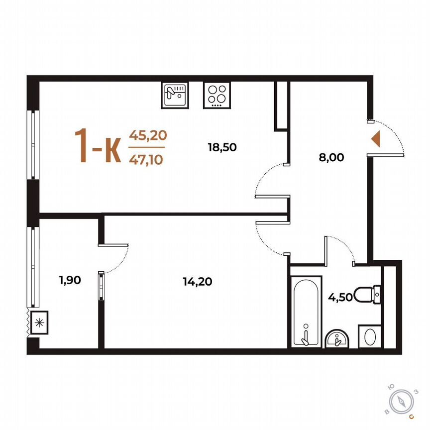 1-к. квартира, 47,1 м², 4/8 эт.