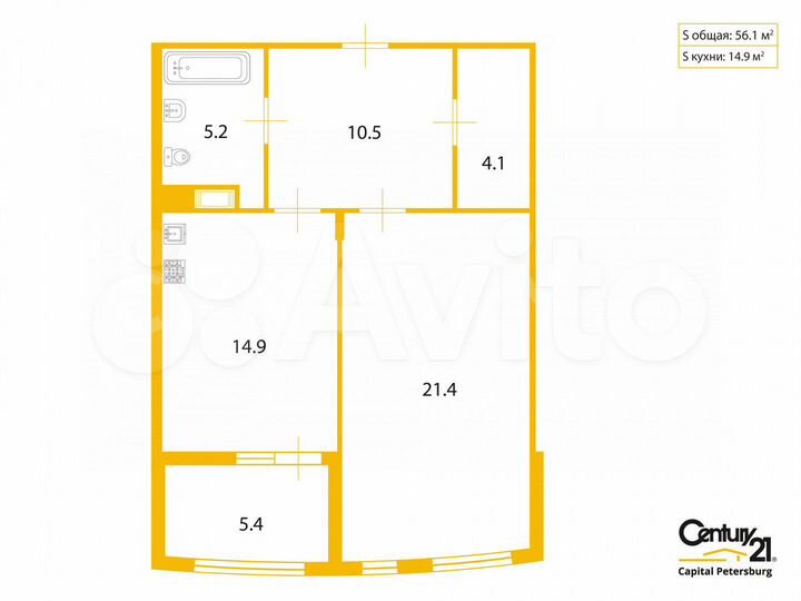 1-к. апартаменты, 56,1 м², 2/6 эт.