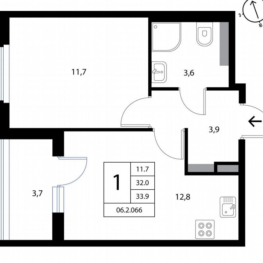 1-к. квартира, 33,9 м², 3/3 эт.