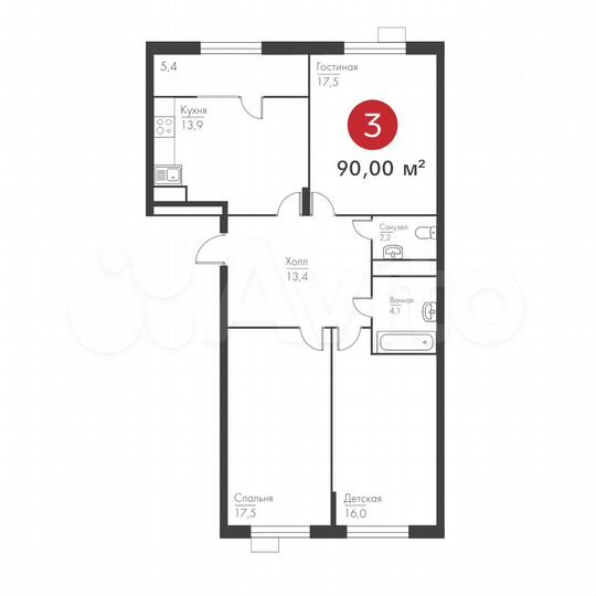 3-к. квартира, 90 м², 2/19 эт.
