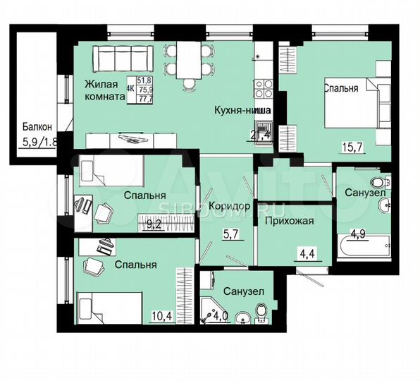 4-к. квартира, 77,7 м², 6/19 эт.