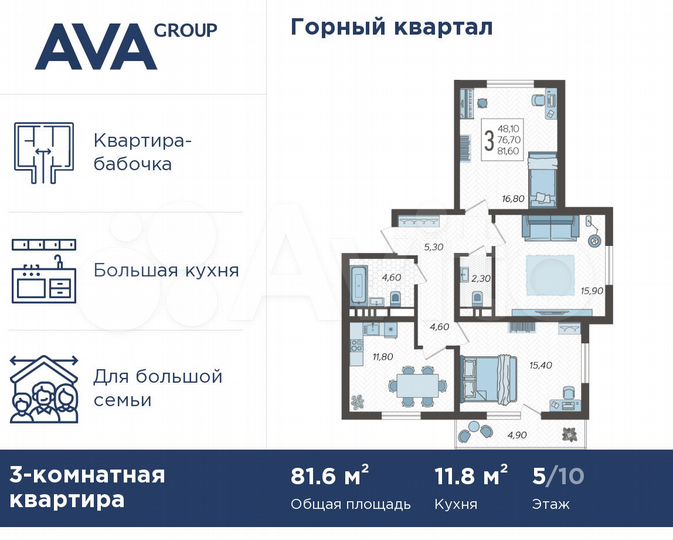 3-к. квартира, 81,6 м², 5/10 эт.