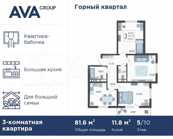 3-к. квартира, 81,6 м², 5/10 эт.