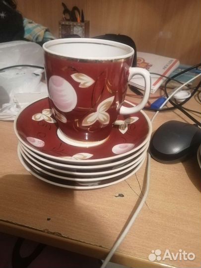 Чашка + 5 блюдец Вербилки коричневые сливы