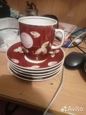 Чашка + 5 блюдец Вербилки коричневые сливы