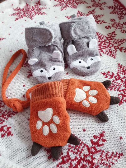 Флисовые варежки лисы и пинетки сапожки еноты