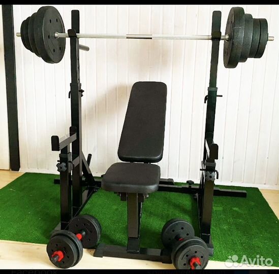 Скамья для жима + стойки + штанга + гантели