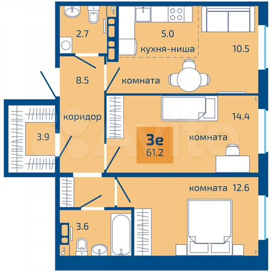 3-к. квартира, 61,2 м², 4/10 эт.