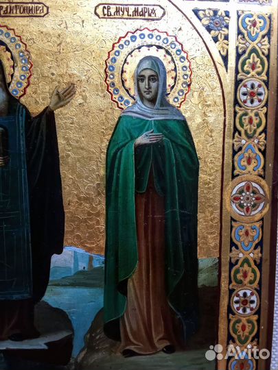 Икона старинная Антоний и Мария. Золото. Кипарис