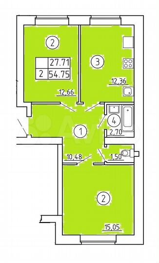 2-к. квартира, 54,7 м², 1/4 эт.