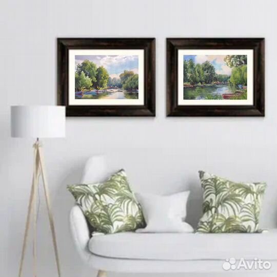 Картина акварель пейзаж озеро лодки рыбалка