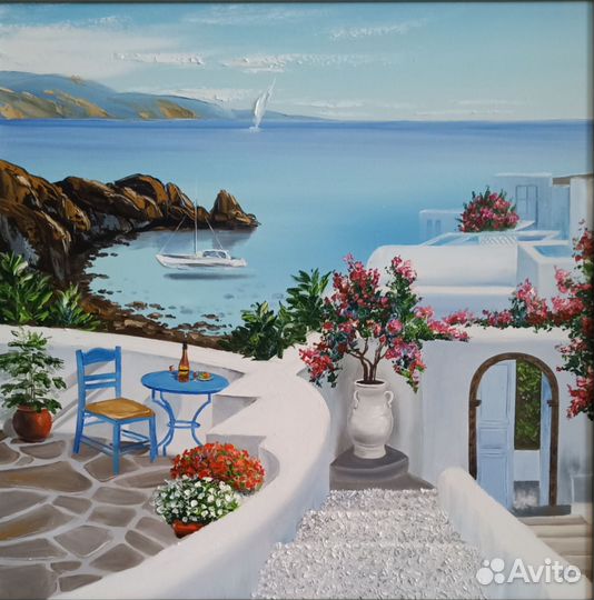 Картина авторская масло холст Санторини море отдых