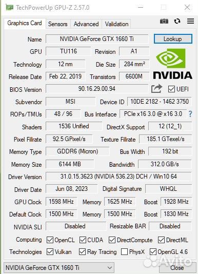 Видеокарта MSI GTX1660Ti