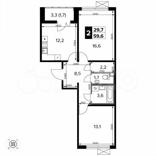 2-к. квартира, 59,6 м², 12/14 эт.