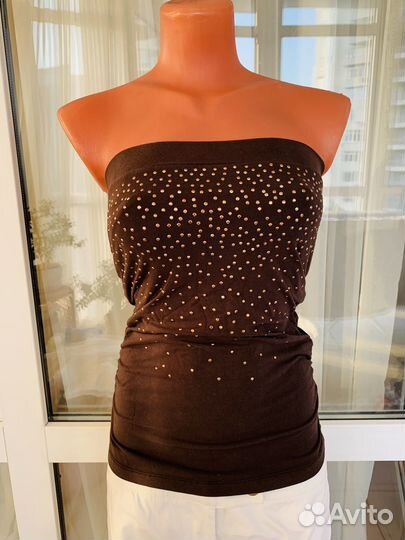 Топ коричневый со стразами р S котон