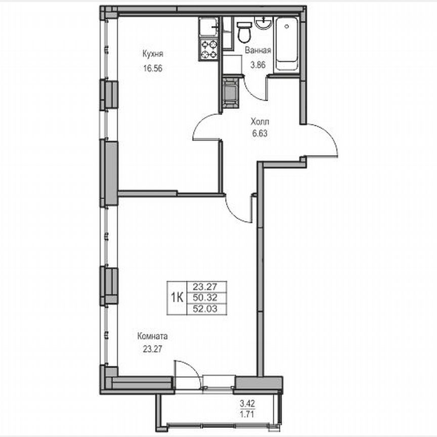 1-к. квартира, 52 м², 22/23 эт.