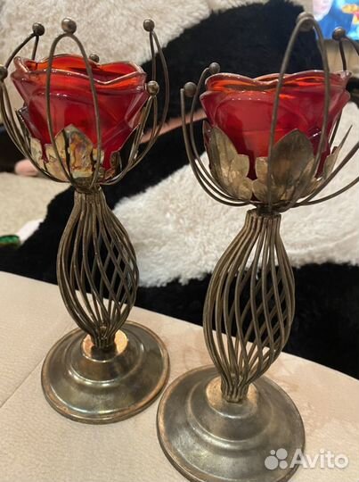 Подсвечник роза рубиновое стекло винтаж СССР