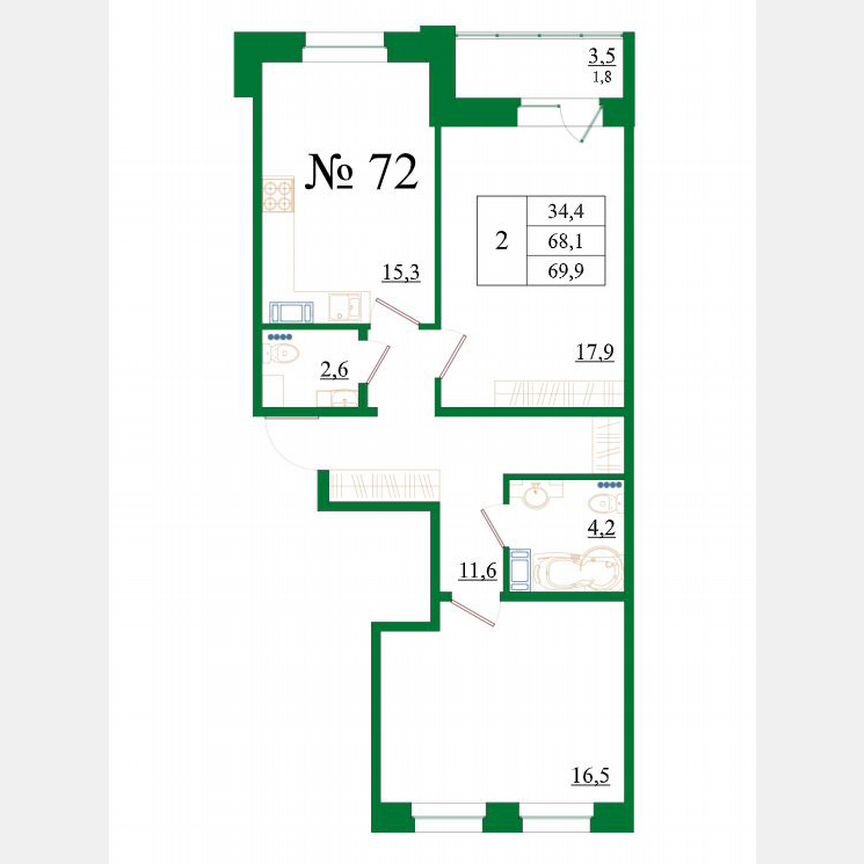 2-к. квартира, 69,9 м², 1/8 эт.