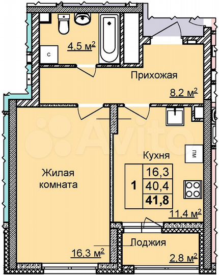 1-к. квартира, 41,8 м², 1/25 эт.
