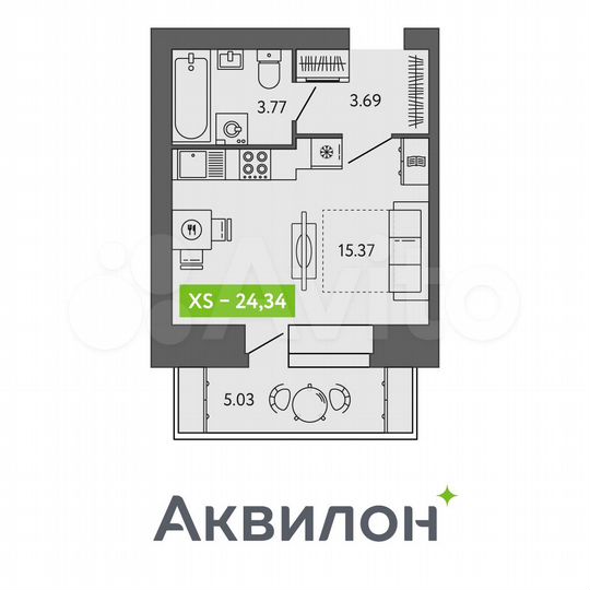 Квартира-студия, 24,3 м², 6/9 эт.