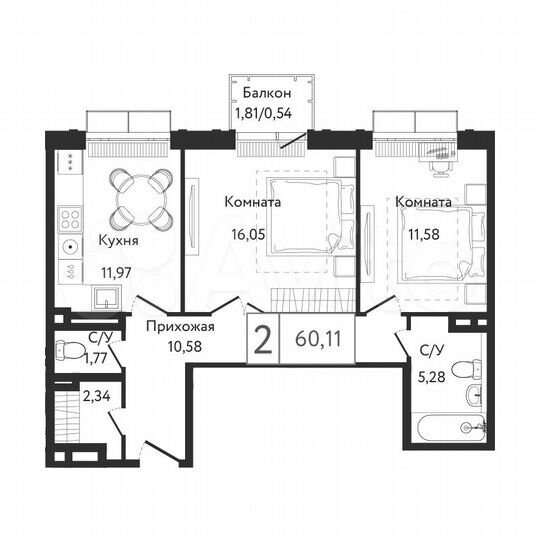 2-к. квартира, 60,1 м², 2/6 эт.